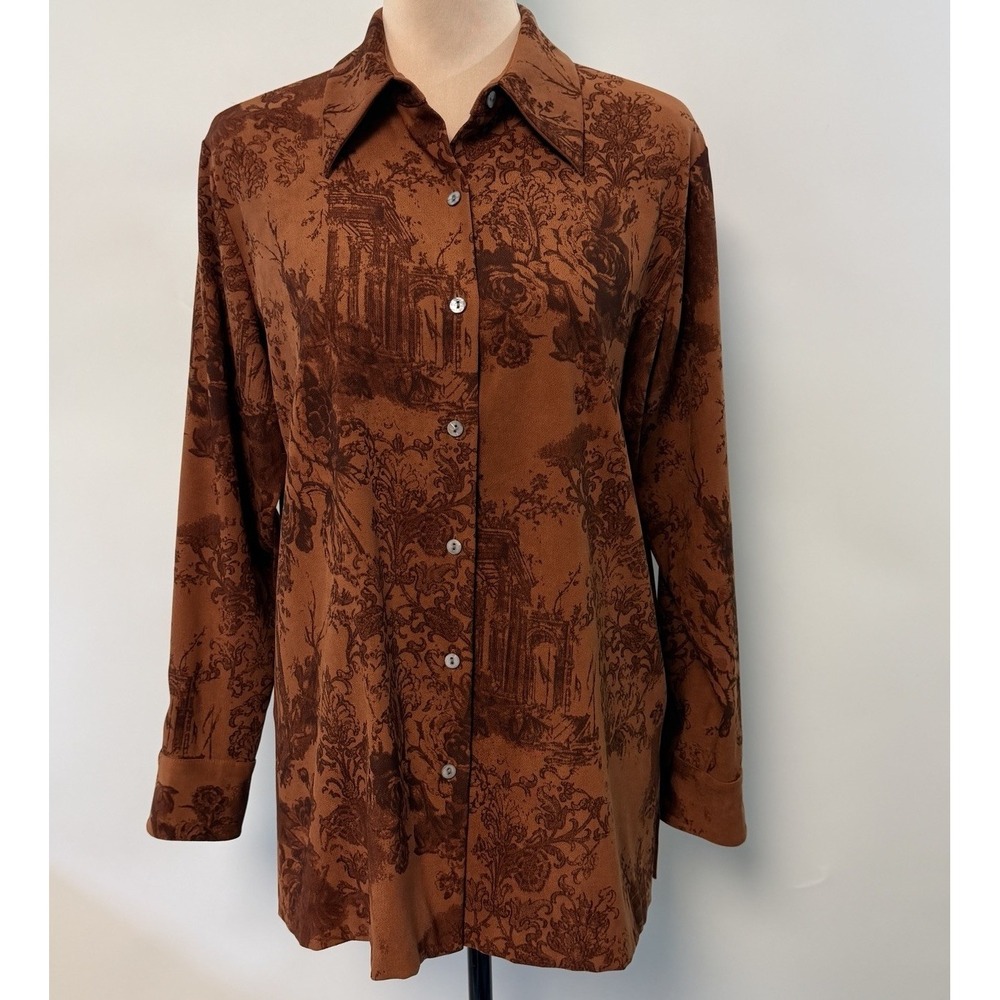 ASO Soft Surroundings Womens Brown Toile French Country Faux Suede Button Up M P